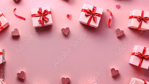 Pink gift boxes with love heart textures and red ribbons. Center space for text. All on a pastel pink background.