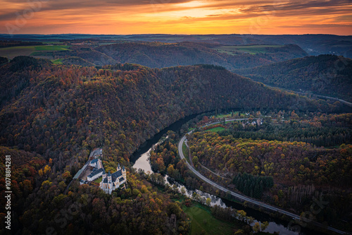 Bird's eye view of Arnstein Monastery near Obernhof in the Lahn Valley at sunset photo