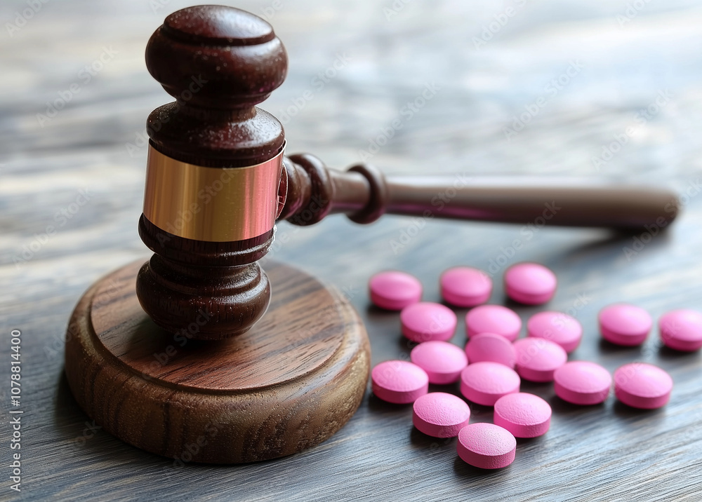 A judge’s gavel beside pink pills, symbolizing legal actions restricting access to birth control. Ideal for themes on women’s rights, law, and reproductive health.