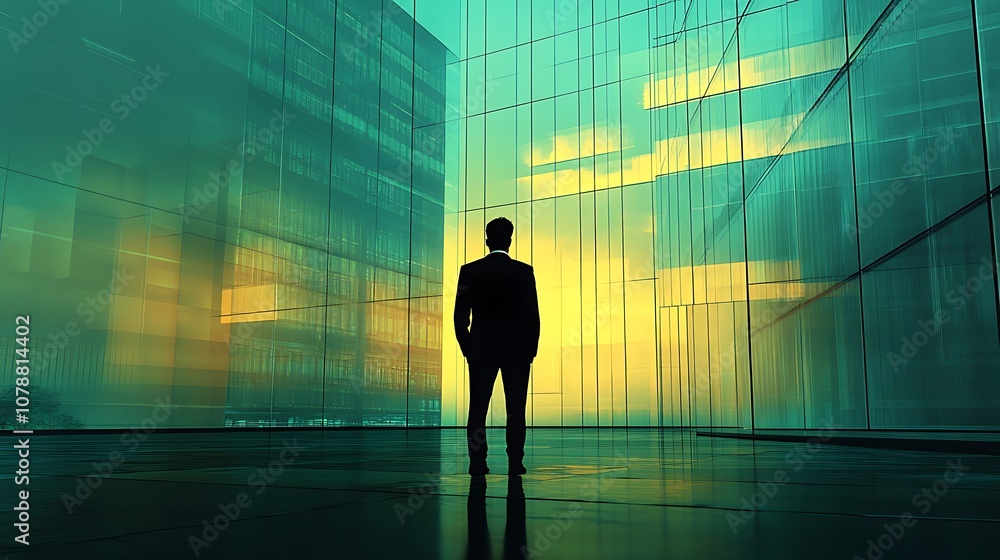 Business professional contemplates future in modern cityscape Business professional contemplates future in modern cityscape