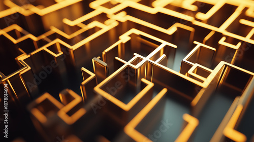 Abstract geometric golden maze-like structure with intricate patterns, symbolizing complexity and technology. 