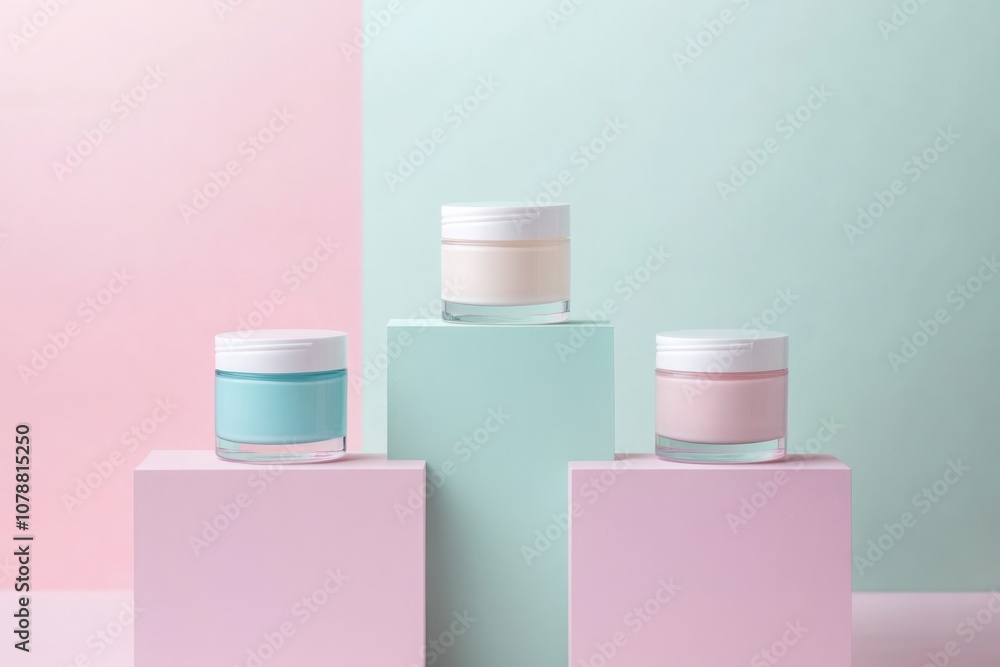 3 cosmetic jars, platform displacy skincare product, simple, aesthetic, pastel color