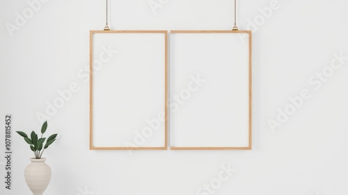 A poster mockup hanging on clips on a white wall at home, artwork, decoration, gallery
