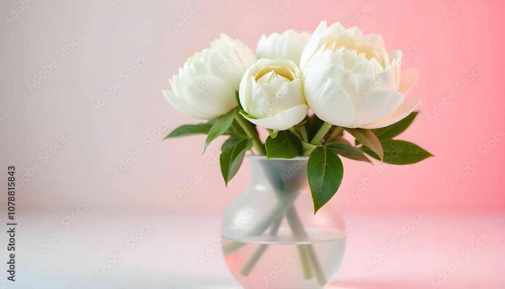 Elegant Glass Vase with White Peonies and Soft Pastel Pink Background Elegant Glass Vase with White Peonies and Soft Pastel Pink Background