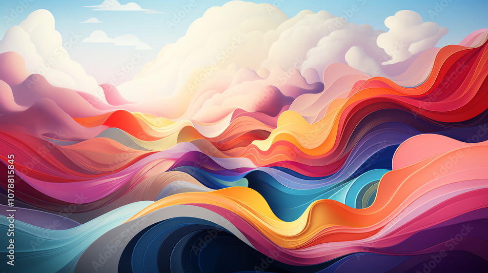 Vibrant waves of color flow across serene landscape, blending hues of pink, blue, and orange with soft clouds above. Vibrant waves of color flow across serene landscape, blending hues of pink, blue, and orange with soft clouds above.