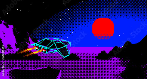 Arcade space ship flying to the sun over the blue landscape in 8bit pixel style with 3D mountains. 80s style synthwave or retrowave art