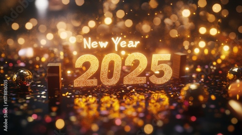 "New Year 2025" written in glowing digital font with confetti and golden bokeh lights in the background.