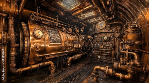 Fototapeta Naklejka Na Ścianę i Meble -  A steampunk-inspired interior of a submarine or spaceship engine room, showcasing complex machinery, copper pipes, gauges, and a wooden floor.