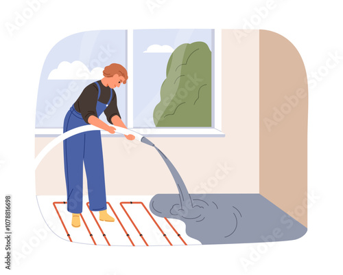 Concrete underfloor, pouring cement foundation. Flooring preparation. Worker preparing subfloor layer during renovation in apartment, house. Flat vector illustration isolated on white background