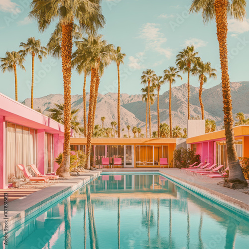 A charming boutique hotel with palm trees and vibrant, colorful architecture, offering a unique and relaxing escape.
