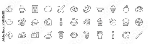 Beer, Salad and Restaurant food line icons. Pack of Macadamia nut, Food delivery, Spinach icon. Ice cream, Americano, Vegetables pictogram. Coffee-berry beans, Tea, Recycle water. Apple. Vector