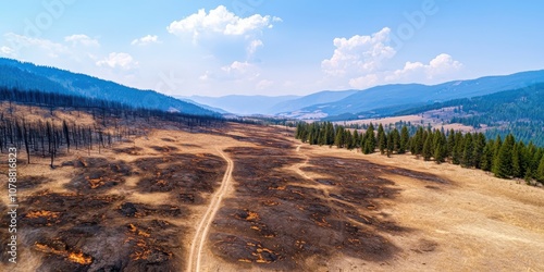 Aerial view of a charred landscape from a wildfire, showing burnt land with sparse vegetation, contrasting against distant green hills and a clear blue sky. photo