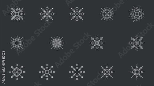 White Hand Drawn Outline Winter Snowflakes