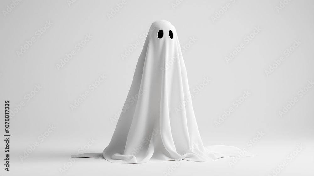 Minimalistic image of a ghost figure draped in a white sheet with dark eye holes, against a plain background. Minimalistic image of a ghost figure draped in a white sheet with dark eye holes, against a plain background.