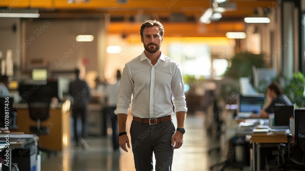 Confident Businessman Walking Through Office, Leadership and Influence Confident Businessman Walking Through Office, Leadership and Influence
