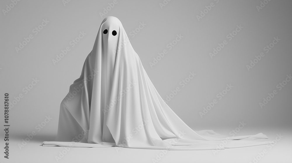 Minimalistic image of a ghost figure draped in a white sheet with dark eye holes, against a plain background. Minimalistic image of a ghost figure draped in a white sheet with dark eye holes, against a plain background.
