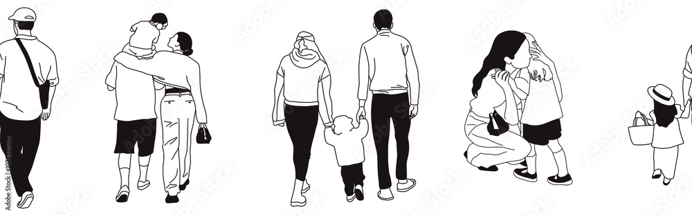 Hand-drawn doodle family border. Outline family clipart. Hand-drawn black art. Hand-drawn doodle family border. Outline family clipart. Hand-drawn black art.