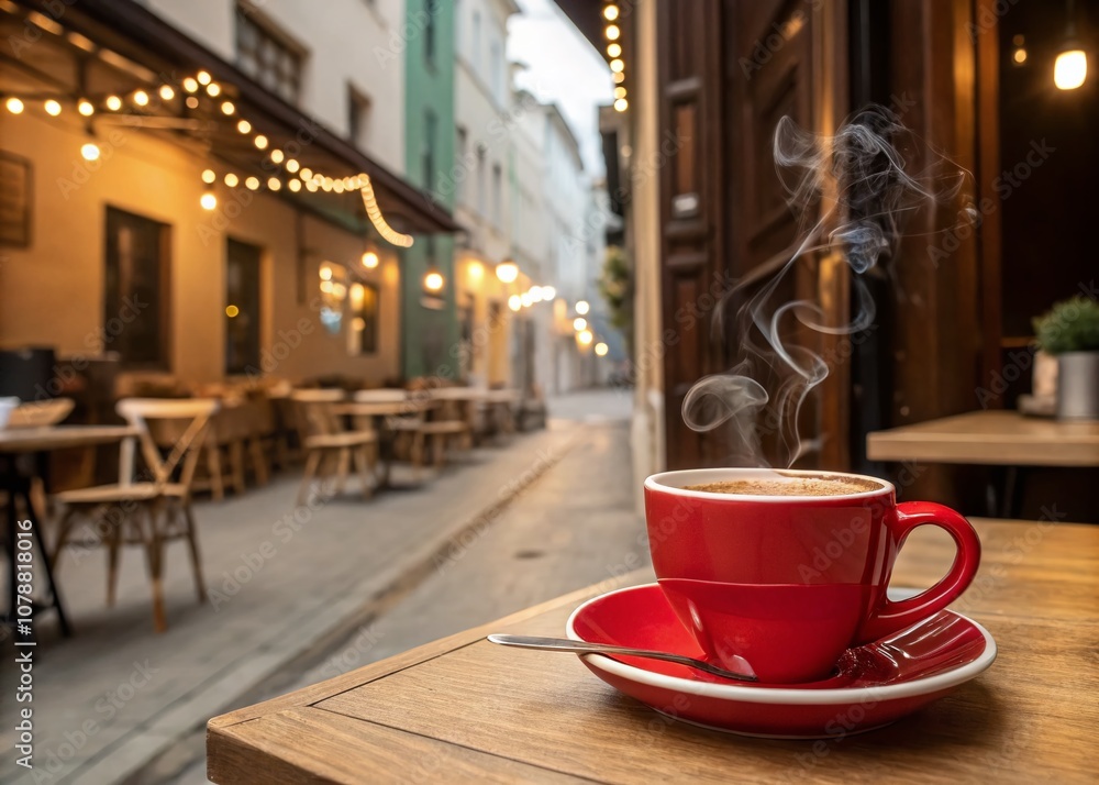 Steaming Cup of Coffee in a Red Mug on a White Saucer: Perfect for Urban Exploration Photography and Cozy Cafes in City Settings Steaming Cup of Coffee in a Red Mug on a White Saucer: Perfect for Urban Exploration Photography and Cozy Cafes in City Settings