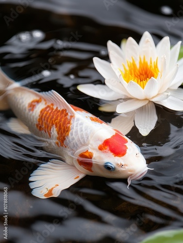 Bright Koi Fish with Radiant Colors Gracefully Swimming Among Water Lilies in a Tranquil Pond Setting, Captured in Exquisite Detail photo