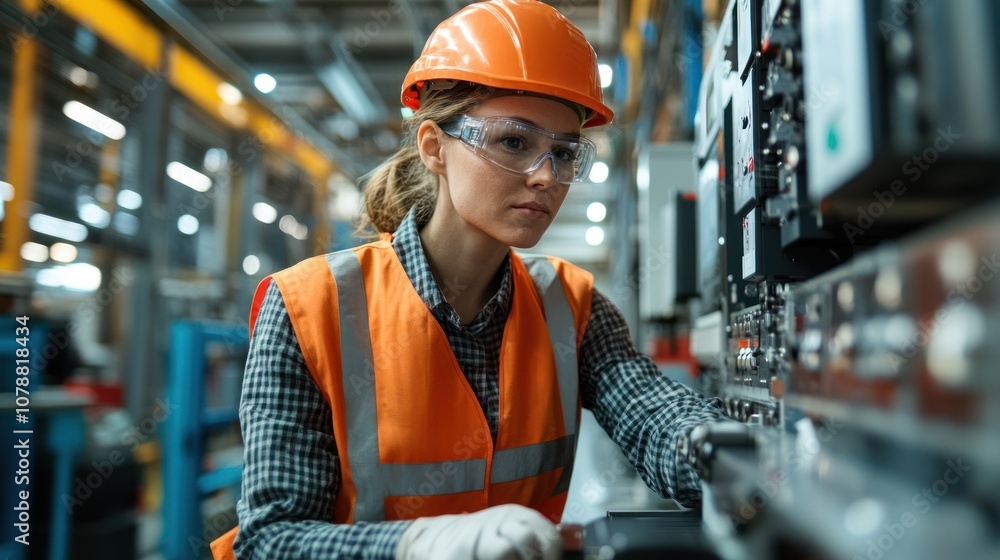 Female Engineer Inspecting Industrial Machinery Female Engineer Inspecting Industrial Machinery