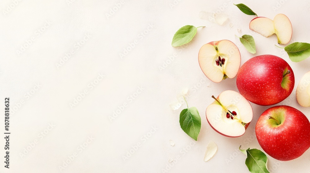 Sliced red apple with seeds and detailed texture on a smooth pastel background, Sliced red apple with seeds and detailed texture on a smooth pastel background,