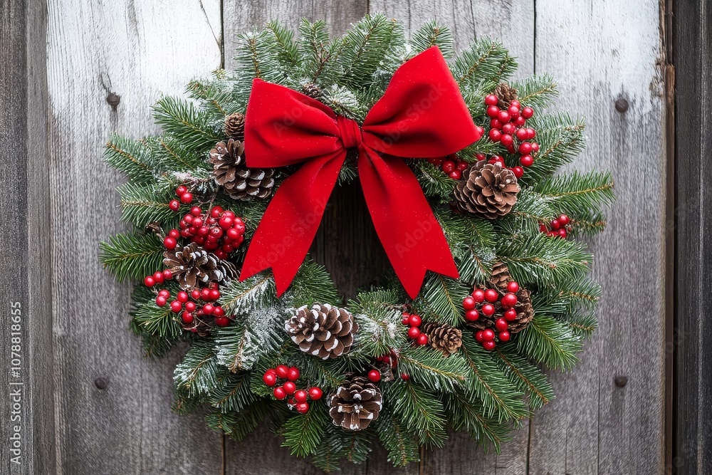 Close-up of a Christmas wreath made of fresh pine branches, red berries, pine cones, and a large red bow, hanging on a rustic wooden door with snow accents. Close-up of a Christmas wreath made of fresh pine branches, red berries, pine cones, and a large red bow, hanging on a rustic wooden door with snow accents.