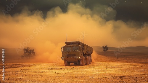 A multiple launch rocket system maneuvers through a dusty desert environment during a tactical defense operation photo