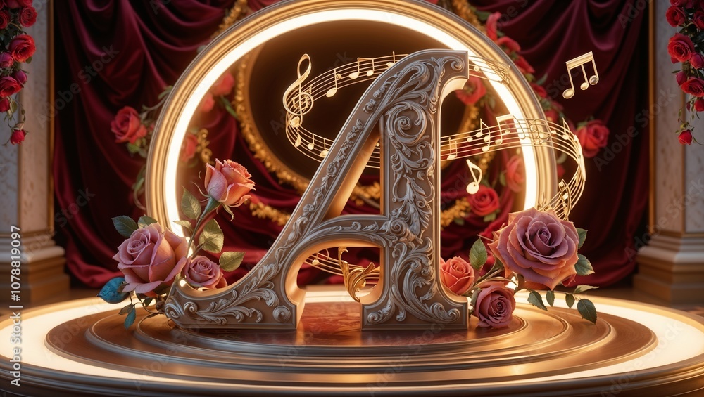 Ornate design, letter A, floral decoration, musical notes, elegant background Ornate design, letter A, floral decoration, musical notes, elegant background