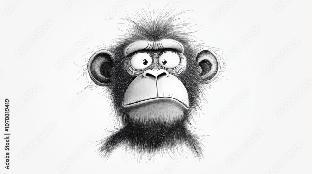 Black and white cartoon illustration of a monkey's head with a surprised expression and spiky hair.
