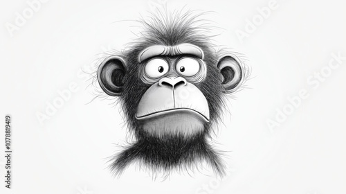 Obraz na płótnie Black and white cartoon illustration of a monkey's head with a surprised expression and spiky hair. w salonie