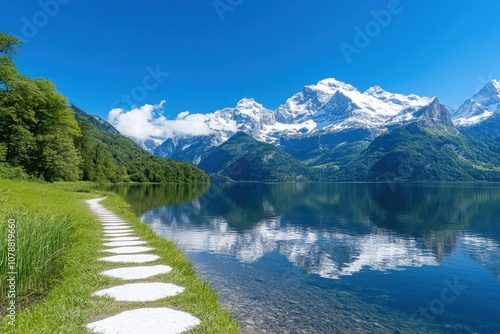 Scenic Lakeside Footpath with Stunning Mountain Reflections Under a Clear Blue Sky - A Perfect Serene Nature Escape