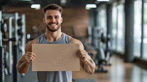 Fit Fitness Trainer Holding Blank Cardboard Sign with Energetic Smile in Gym Environment