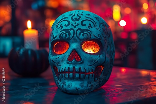Decorated Sugar Skull with Glowing Eyes on Wooden Table