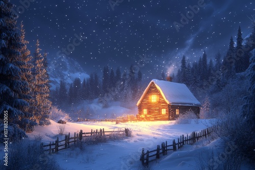 Cozy cabin in the snow surrounded by pine trees, wooden fence, and a starry sky, creating a warm, peaceful winter countryside scene at night.