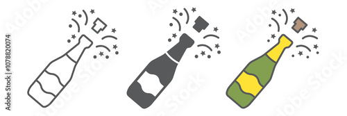 Champagne bottle popping line icon collection, merry christmas and drink, alcohol sign vector graphics, editable stroke linear icon set, eps 10
