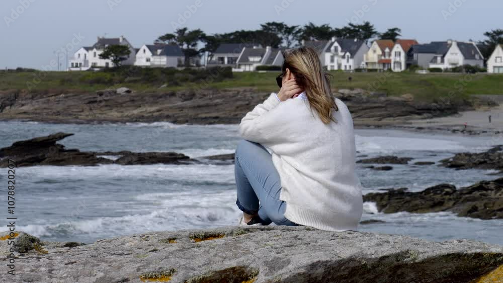 Caucasian blonde woman sitting on rock looking at landscape. Slow motion 4K Caucasian blonde woman sitting on rock looking at landscape. Slow motion 4K