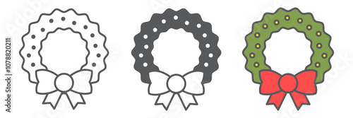 Christmas wreath line icon collection, merry christmas and xmas, christmas decorative sign vector graphics, editable stroke linear icon set, eps 10