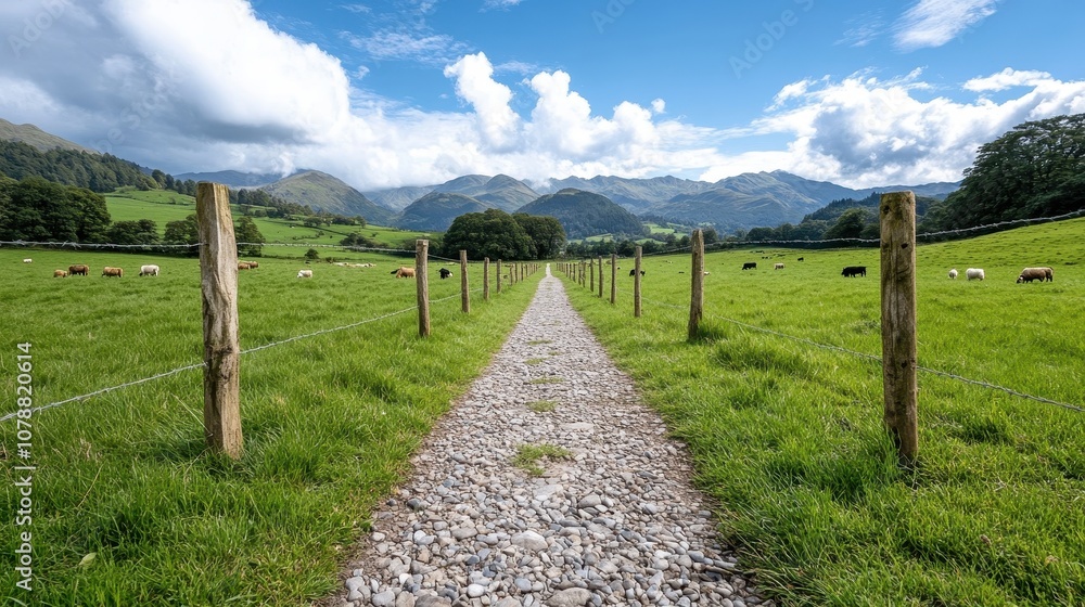 Tranquil Rural Footpath with Wooden Fencing Surrounded by Lush Green Fields and Scenic Mountain Backdrop on a Beautiful Day Tranquil Rural Footpath with Wooden Fencing Surrounded by Lush Green Fields and Scenic Mountain Backdrop on a Beautiful Day