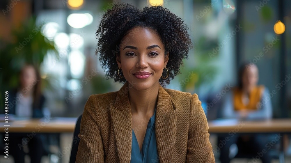 Confident Businesswoman with Curly Hair  Smiling in Office