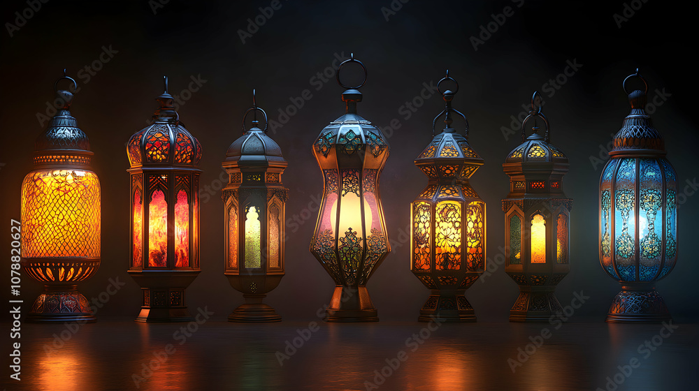 Fototapeta premium Ornate Lanterns Illuminated with Warm Glowing Lights, a 3D Rendered Scene with Intricate Details