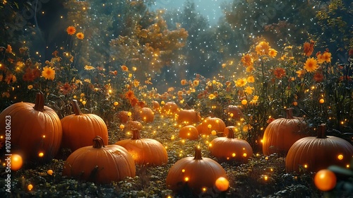 Enchanted Pumpkin Patch:  Autumnal Fantasy Illustration