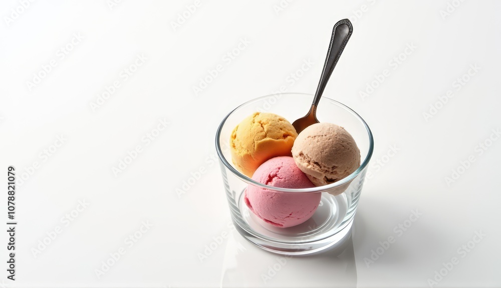 Indulge in colorful scoops of delicious ice cream served in a clear glass bowl with a spoon, perfect for a summer treat Indulge in colorful scoops of delicious ice cream served in a clear glass bowl with a spoon, perfect for a summer treat