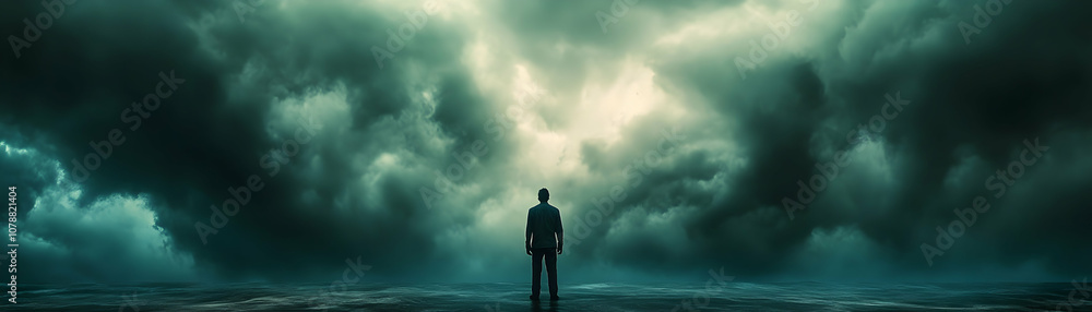 A Solitary Figure Stands on a Stormy Sea, Looking Up at the Approaching Darkness A Solitary Figure Stands on a Stormy Sea, Looking Up at the Approaching Darkness