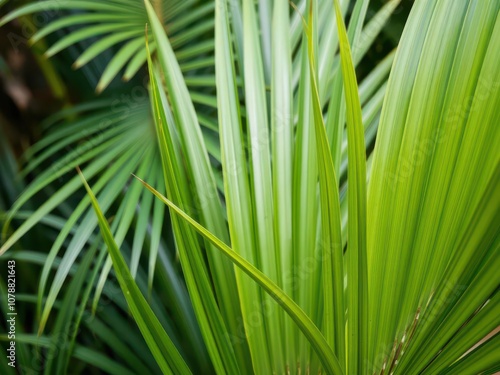 Close up detail of a tropical green palm leaf texture, botany, plant, natural