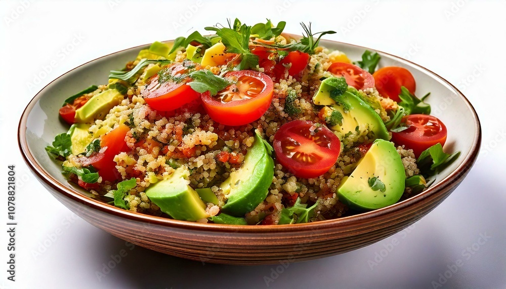 Freigestellter Quinoa-Salat mit Avocado und Tomaten – Gesundes Food-Motiv für Diäten Freigestellter Quinoa-Salat mit Avocado und Tomaten – Gesundes Food-Motiv für Diäten