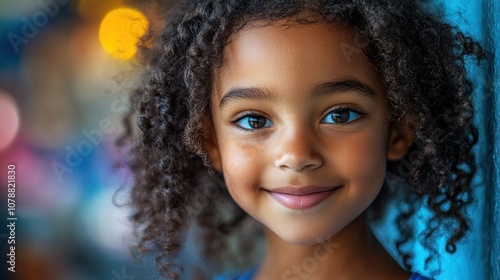 A joyful girl with curly hair smiles warmly at the camera.