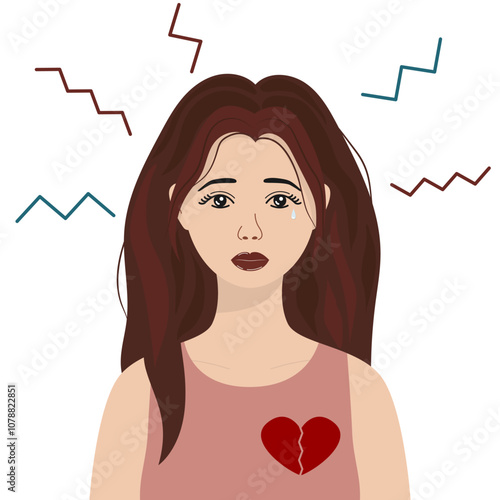 Young woman with heartbroken broke up with her boyfriend after an argument. Girl with heartbroken suffers after her divorce from her fiance. Need for psychological support. Vector flat illustration