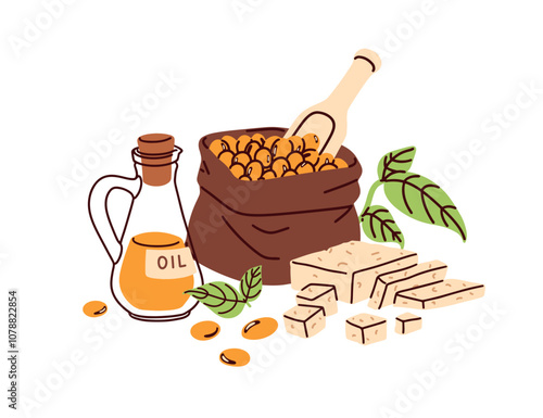 Soy products. Vegan and vegetarian food. Beans, soybeans in bag, tofu and oil, plant-based protein. Healthy veg produce, natural soya goods. Flat vector illustration isolated on white background