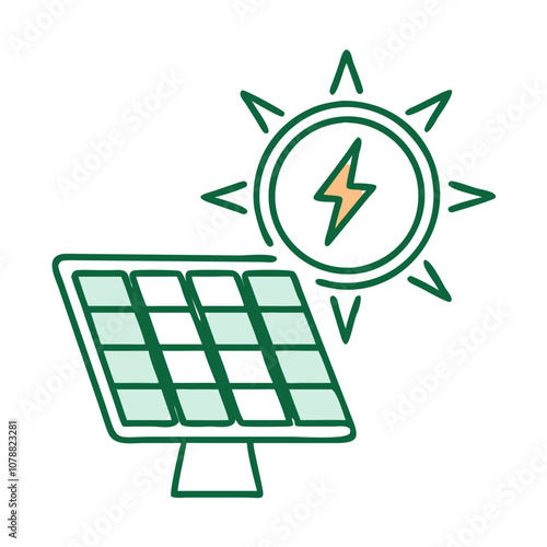 Solar energy illustration featuring a solar panel and a sun with a lightning bolt