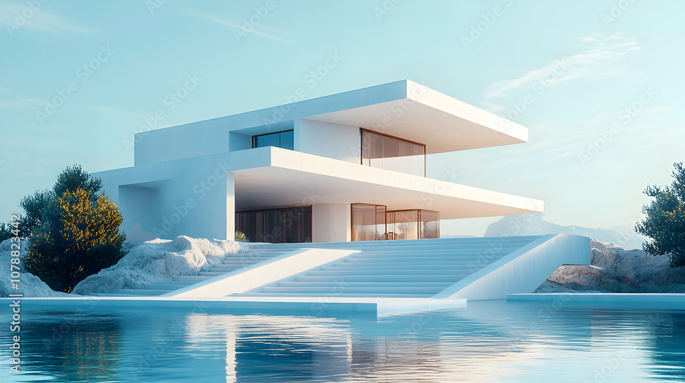 Fototapeta premium Modern White House with Pool and Steps Leading to the Water